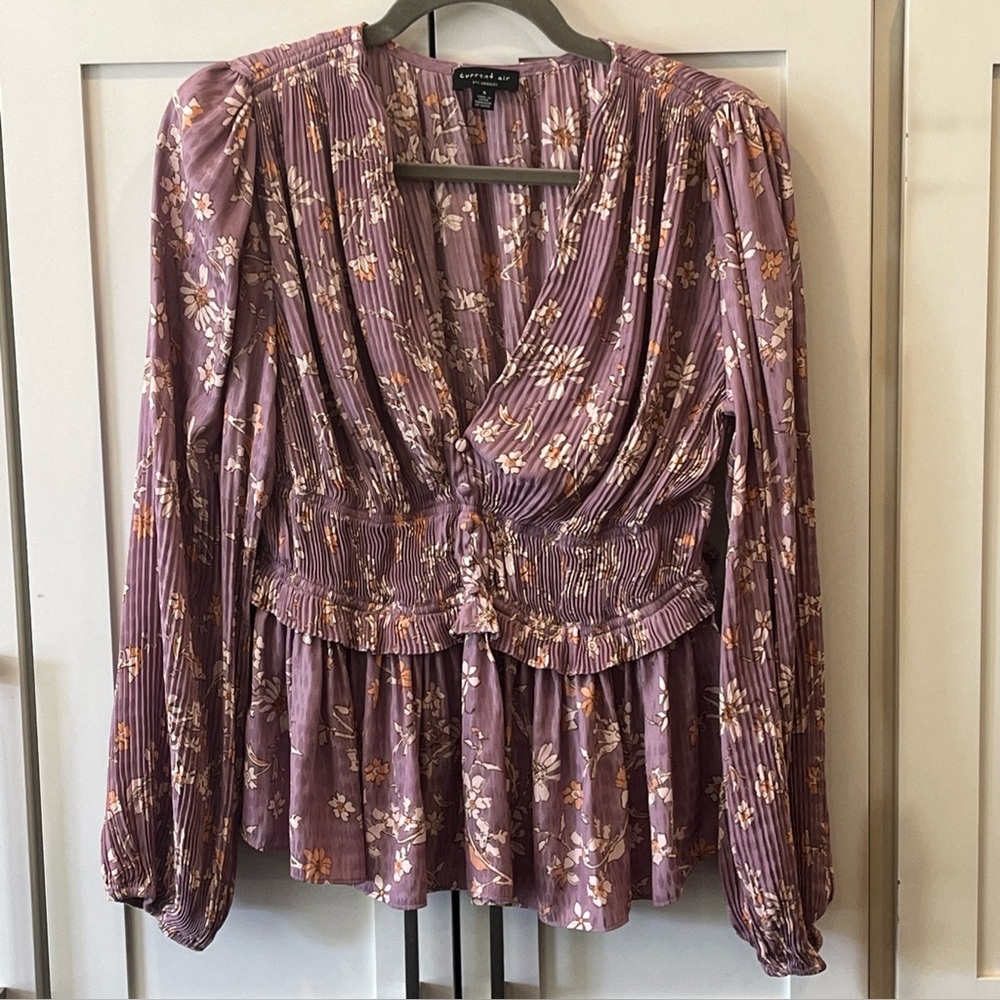 Current Air Long-Sleeve Lavender Floral Pleated Peplum Blouse Size Small